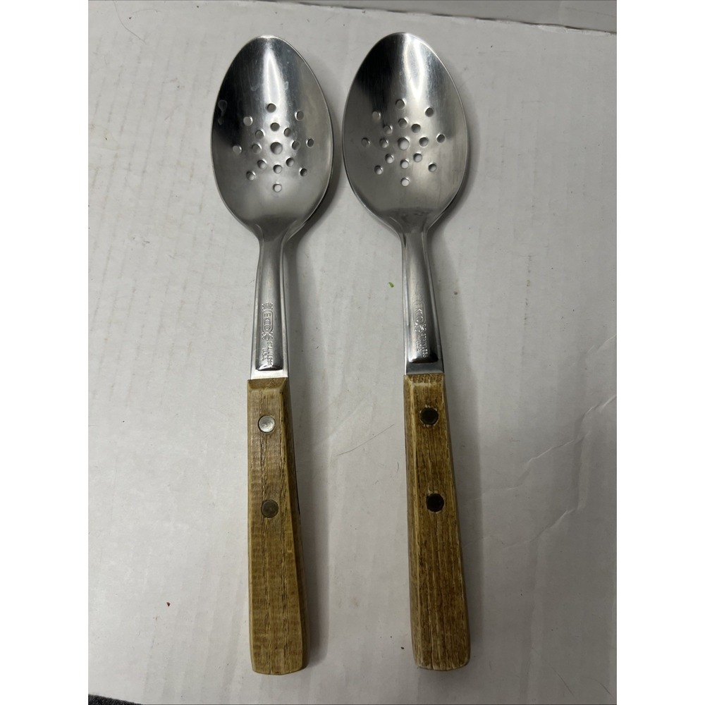 Ekco Serving Spoon Set 2 Wood Handle Stainless 9" Brass Rivets USA Vintage